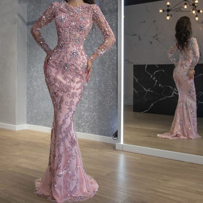 Lovevop 2024 Pink Mermaid Formal Gowns Long Sleeves Evening Dress Sparkly Beading Mermaid Prom Dresses with Detachable Train