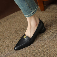Back to school  new Spring women pumps natural leather 22-24.5cm cowhide upper pointed toe metal Vintage loafers round heels women's shoes