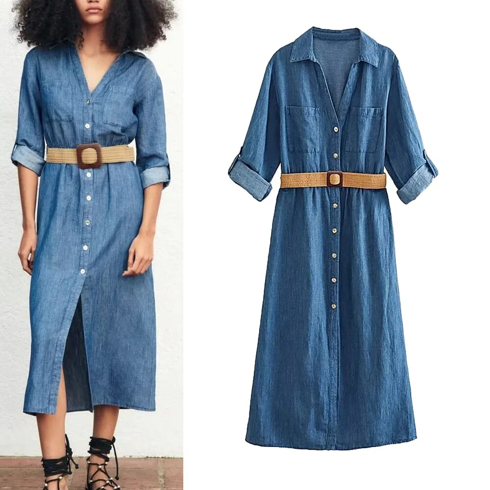 Lovevop- New Women's Casual Chic Front Patch Pockets Front Button Closure Contrasting Belt Linen Blend Shirt Dress