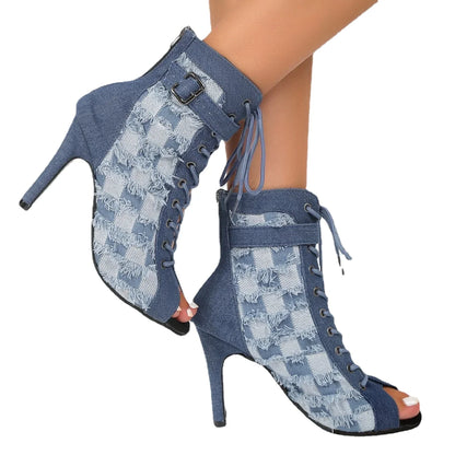 lovevop-Rubber Sole Latin Dance Boots Sexy Modern Shoes Dance High-heeled 9cm Sandals Lace-up Hollow Belt Buckle Fashion Square Denim