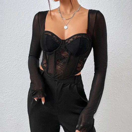 lovevop-Women Y2k Lace Patchwork Corset Crop Tops Sexy V Neck Long Sleeve T-shirt See Through Open Back Bustier Shirt Streetwear