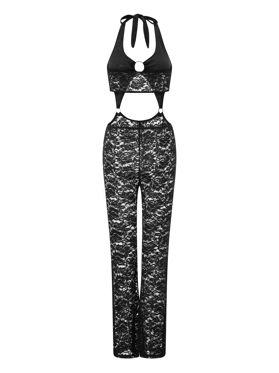 lovevop-Women's Summer Romper Sleeveless Halter Metal Ring Front Lace Jumpsuit Pants Flare Playsuit Internet celebrity circular jumpsuit