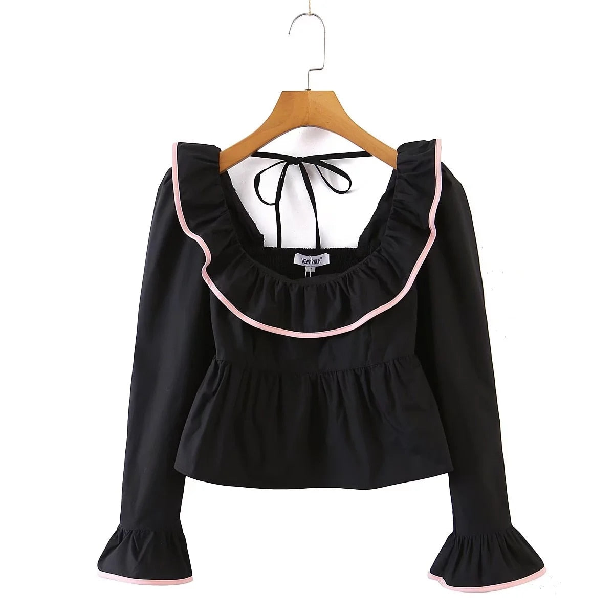 lovevop Lizakosht  Square Collar Ruffles Pelpum Blouse Shirt Women Long Sleeve French Style Solid Fashion Short Summer Spring Blouse Top