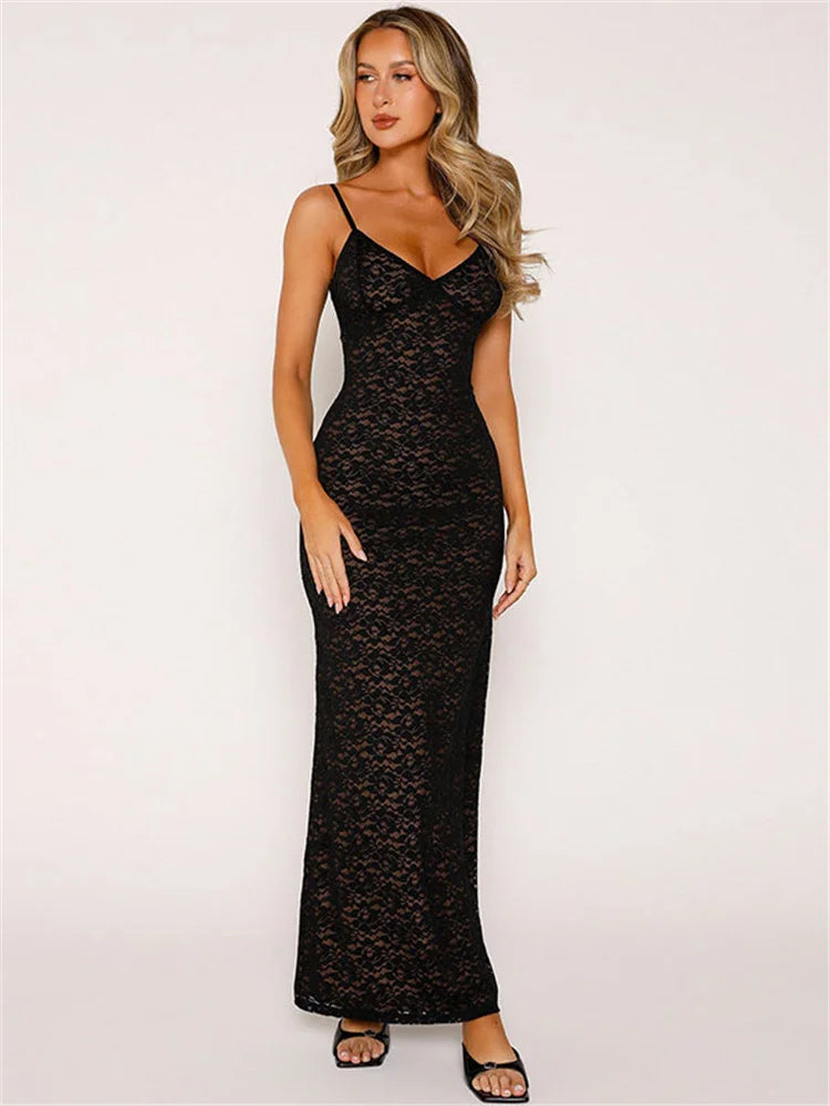 Tossy Lace Hollow Out Backless Maxi Dress Slim V-Neck See-Through High Street Summer Elegant Party Dress Fashion Slim Dress
