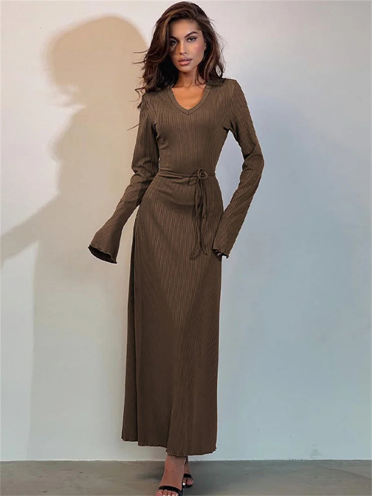 Tossy Lace-Up Ribbed V-Neck Maxi Dress Slim Long Sleeve For Women High Waist Bandage Party Dress Elegant Loose Solid Long Dress