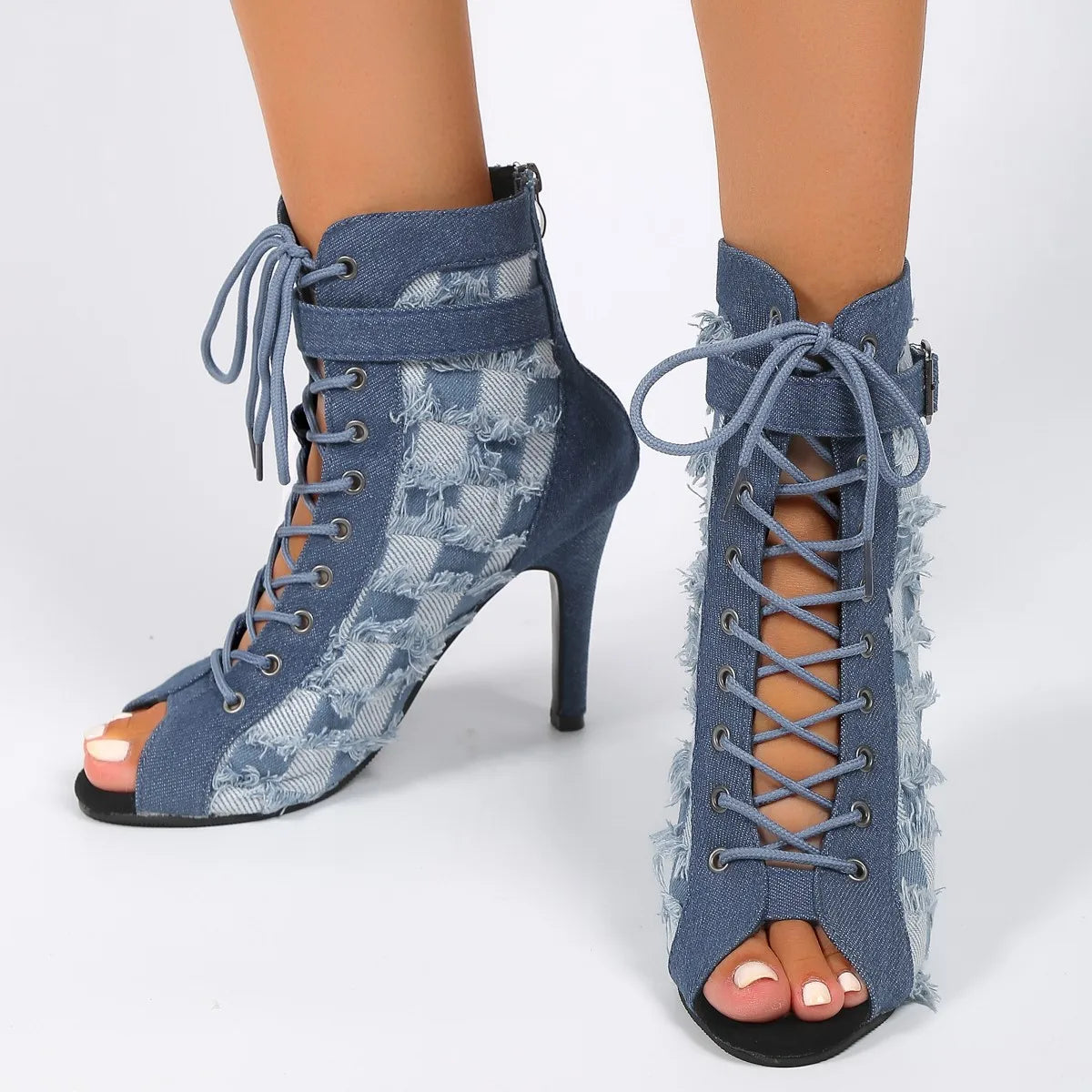 lovevop-Rubber Sole Latin Dance Boots Sexy Modern Shoes Dance High-heeled 9cm Sandals Lace-up Hollow Belt Buckle Fashion Square Denim