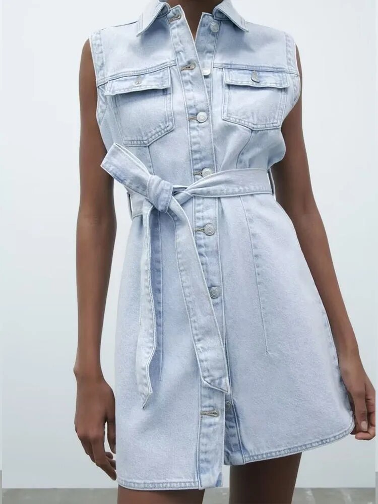 Lovevop- New women's clothing, temperament, fashion, casual fashion, all-match denim dress with the same fabric bow belt and belt