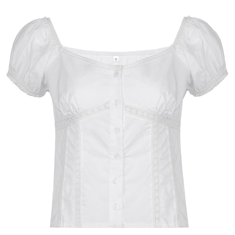 lovevop White Sexy Lace Women's T-Shirt Top Fashion Puff Sleeve Cardigan Shirt Slim Casual Short Sleeve Ladies Blouse Spring New