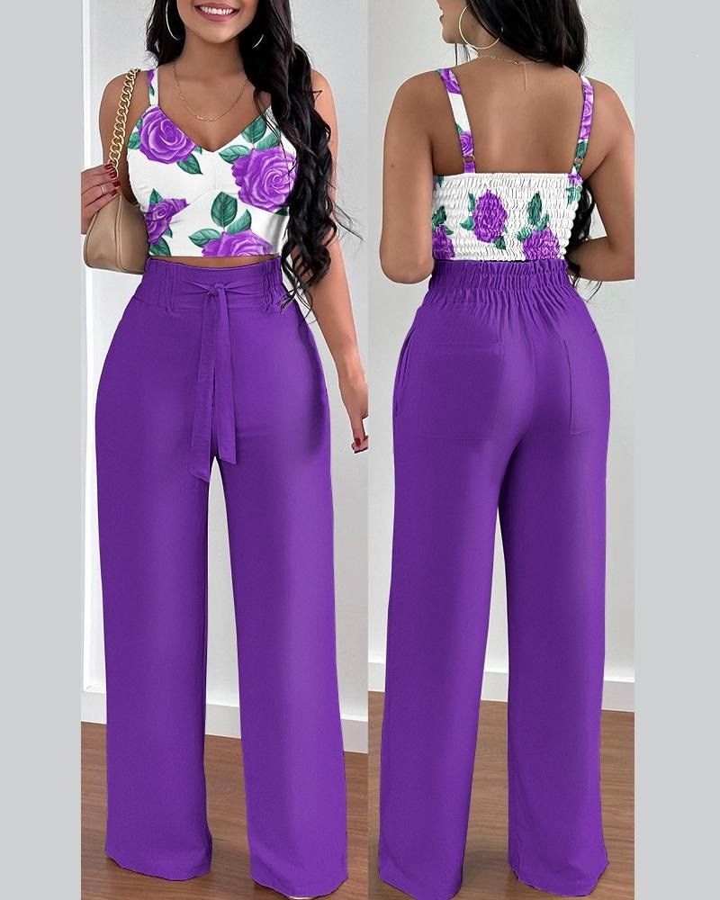 lovevop Two Piece Sets Womens Outifits Summer Fashion Printed Suspenders V Neck Sleeveless Crop Top & Casual Wide-Leg Long Pants Set