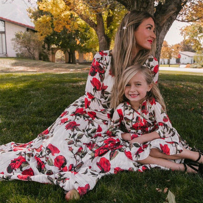 Lovevop Mother and Daughter Dress Long Sleeve Family Matching Clothes Floral Family Look Outfits Mommy And Me Kids Dresses For Girls