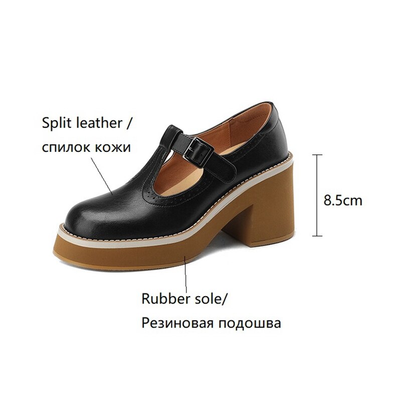 lovevop NEW Spring Women Shoes Round Toe Chunky Heel Mary Janes Split Leather Platform Shoes for Women Fashion Solid High Heels Women