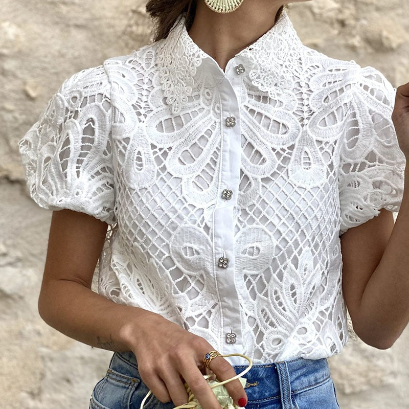 lovevop Lizakosht High Street Puff Short Sleeve Lace Blouse Top Office Fashion Hollow Shirt t Shirt Commute Women O Neck Solid Jacquard Pullover