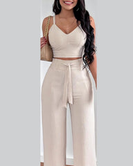 lovevop Two Piece Sets Womens Outifits Summer Fashion Shirred Plain V-Neck Sleeveless Crop Top & Casual Pocket Design Wide Leg Pants Set