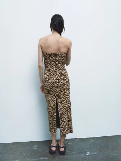 Lovevop- 2024 new women's printed straight open fork waist bust waist-skimming leopard print sexy one neck dress