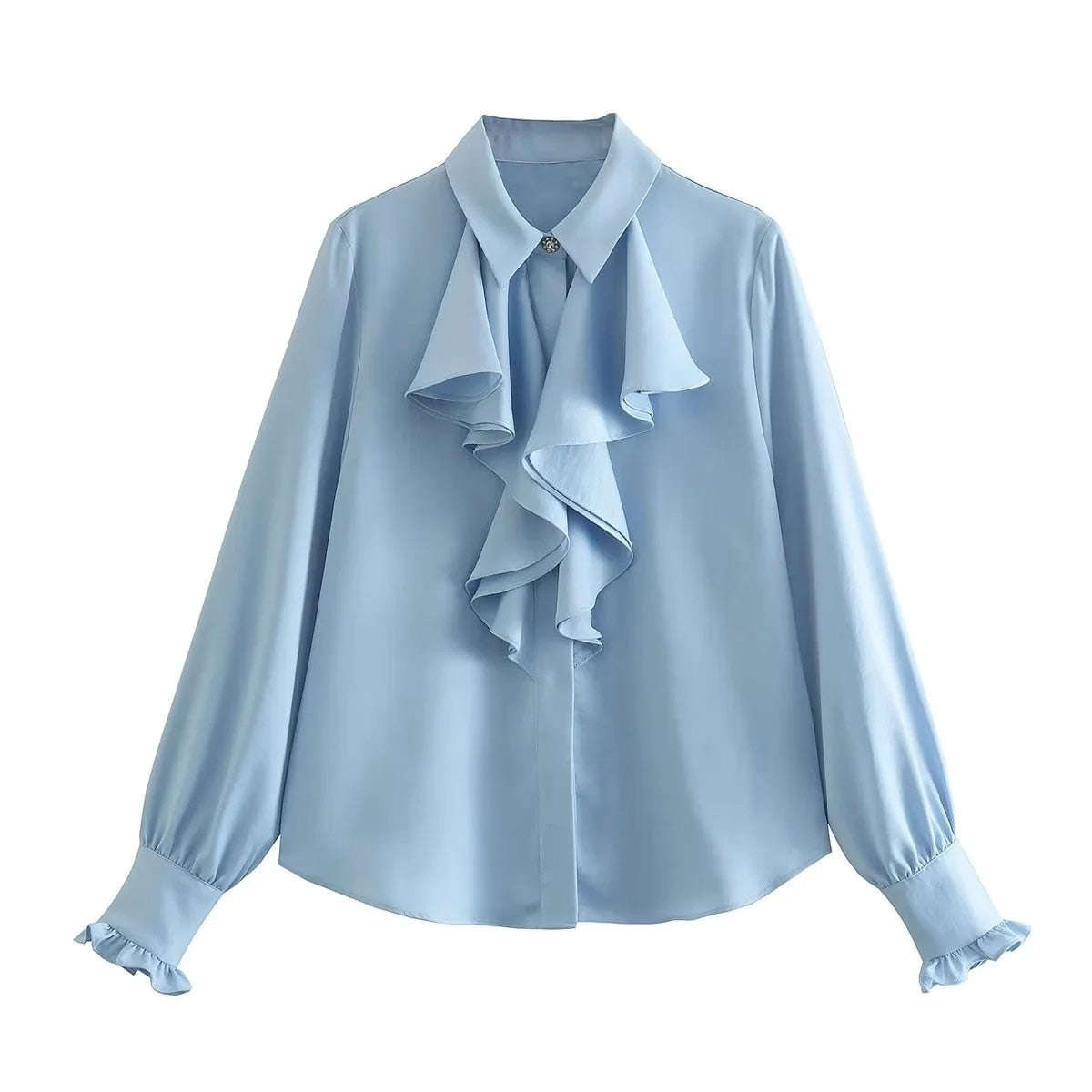 lovevop Lizakosht Ruffles Folds Light Blue Office Lady Satin Shirt Blouse Long Sleeve Spring Fashion Solid Button Up Blusa Autumn