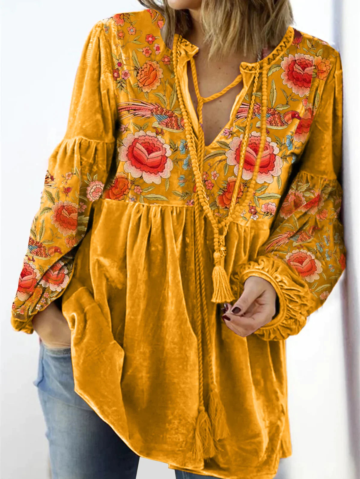 lovevop-Women Blouse Vintage Print V Neck Long Sleeve Elastic Cuff Streetwear Spring Autumn Loose Velvet T-shirt Pullover Women Clothes