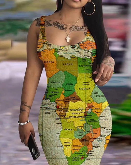 lovevop Summer Dresses for Women  Map Print Sleeveless U-Neck Bodycon Mini Daily Dress