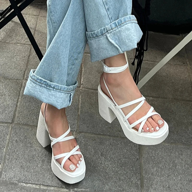 lovevop-Brand Women High Heels Party Shoes Chunky Sandals  New Summer Cross Tied Sexy Pumps Rome Ladies Shoes Slippers Mujer Zapatos