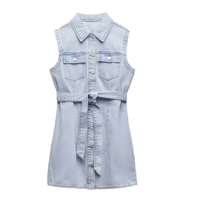 Lovevop- New women's clothing, temperament, fashion, casual fashion, all-match denim dress with the same fabric bow belt and belt