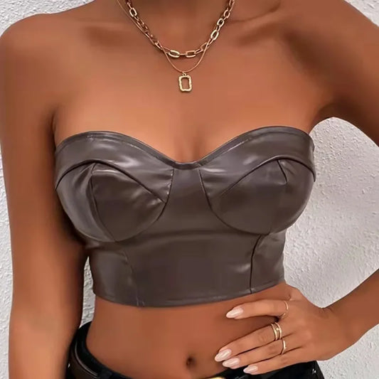 lovevop-Sexy Tank Top Glossy PU Leather Halter Crop Tops Women Wrap Chest Bare Midriff Camisole Sleeveless  Tube Top Female Cropped Vest