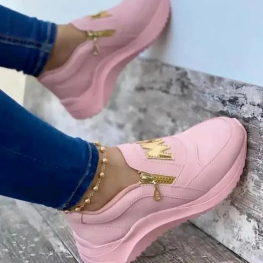 lovevop-Women Sport Shoes Thick Bottom Solid Color Ladies Vulcanized Sneakers Casual Wedge Walking Shoes Slip On Zipper Women Shoes