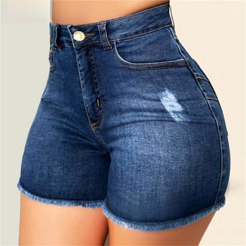 lovevop-Large Size Sexy Ripped Denim Shorts Girl New High Waist Skinny Hips Stretch Leg Length Tight Tight Stretch Hips Jeans Women