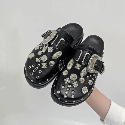 lovevop Summer Women Slippers Platform Rivets Punk Rock Leather Mules Creative Metal Fittings Casual Party Shoes Female Outdoor 0823