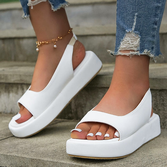 lovevop White PU Leather Platform Sandals Women Casual Back Strap Flat Sandals Woman  Summer Open Toe Non Slip Beach Shoes Plus Size