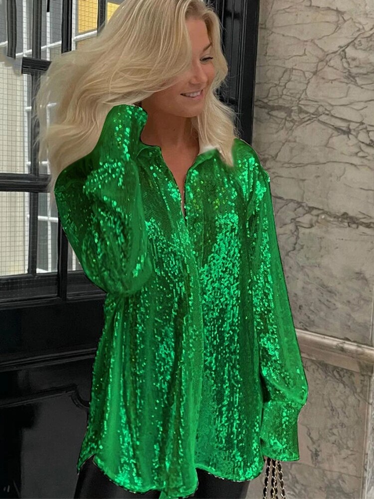 lovevop Lizakosht Winter Y2K Green Fashion  Elegant Sequins Shirts Women Long Sleeve V Neck Party Sexy Club Long Casual Blouse Shirt