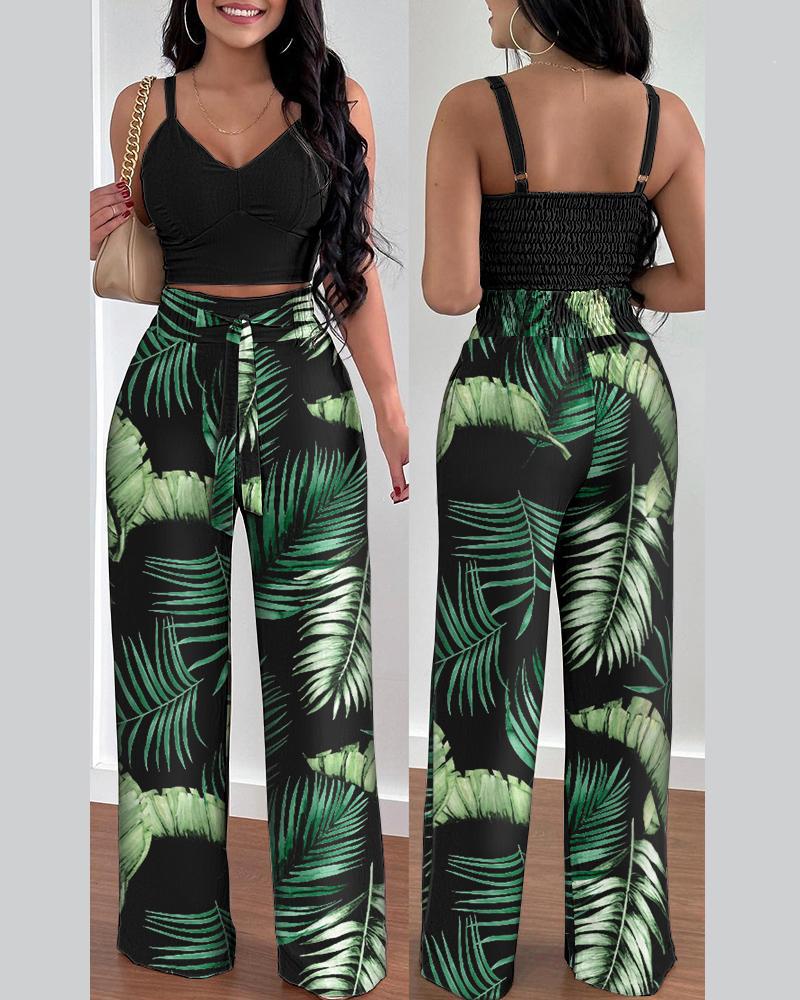 lovevop Two Piece Sets Womens Outifits Summer Fashion Printed Suspenders V Neck Sleeveless Crop Top & Casual Wide-Leg Long Pants Set