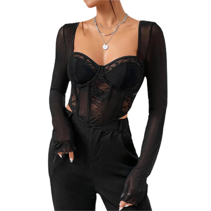 lovevop-Women Y2k Lace Patchwork Corset Crop Tops Sexy V Neck Long Sleeve T-shirt See Through Open Back Bustier Shirt Streetwear