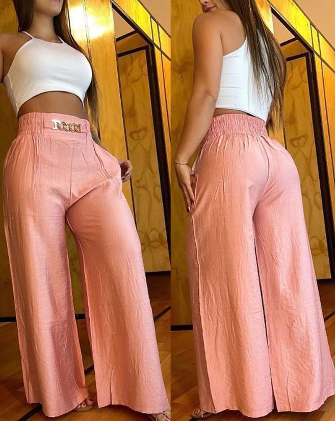 lovevop Women Pants  Summer Fashion Chain Decor High Casual Plain Pocket Design Waist Wide Leg Daily Vacation Long Pants Streetwear