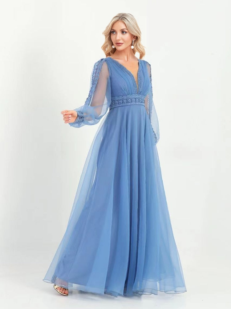 Lovevop Elegant Evening Dresses V-Neck Long Sleeve Floor-Length Gown 2024 Women Chiffon A-line Prom Formal  Dress