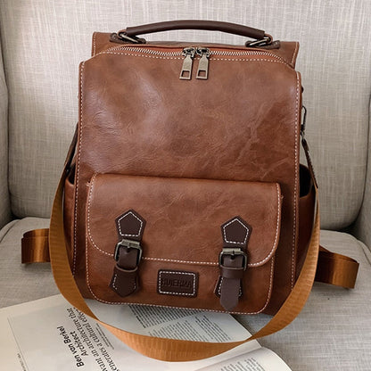 maoxiangshop - Women&#39;s Backpack Vintage Pu Leather Daypack Brown Mochilas Para Mujer Casual Travel Bag Retro Student School Bag