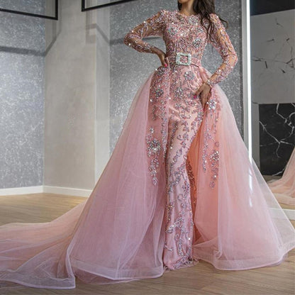 Lovevop 2024 Pink Mermaid Formal Gowns Long Sleeves Evening Dress Sparkly Beading Mermaid Prom Dresses with Detachable Train