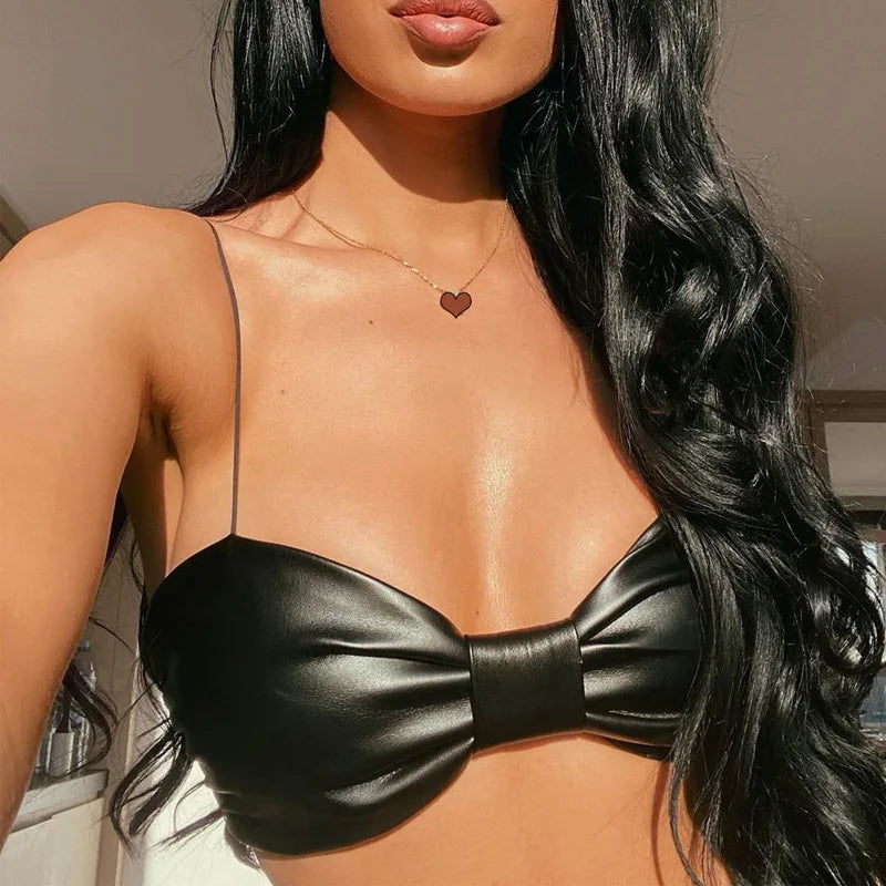 lovevop-Sexy Bow Tie Shape Bare Midriff PU Halter Crop Tops Women Bustier Tank Top Backless Camisole Female Sleeveless Cropped Vest