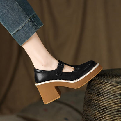 lovevop NEW Spring Women Shoes Round Toe Chunky Heel Mary Janes Split Leather Platform Shoes for Women Fashion Solid High Heels Women