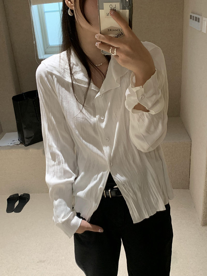 lovevop White Blouses Women Elegant Shirt Female Aesthetic Y2k Harajuku Pleated Chic Long Sleeve Top Ladies Loose Korean Vintage