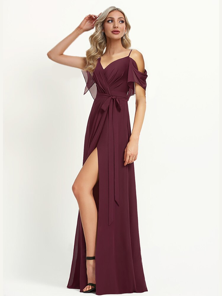 Lovevop 2024 Women Party Maxi Floor Length Dress Chiffon V Neck Sexy Slit Elegant Evening Dress Long Bridesmaid Prom Dress