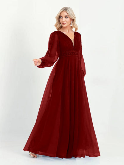 Lovevop Elegant Evening Dresses V-Neck Long Sleeve Floor-Length Gown 2024 Women Chiffon A-line Prom Formal  Dress