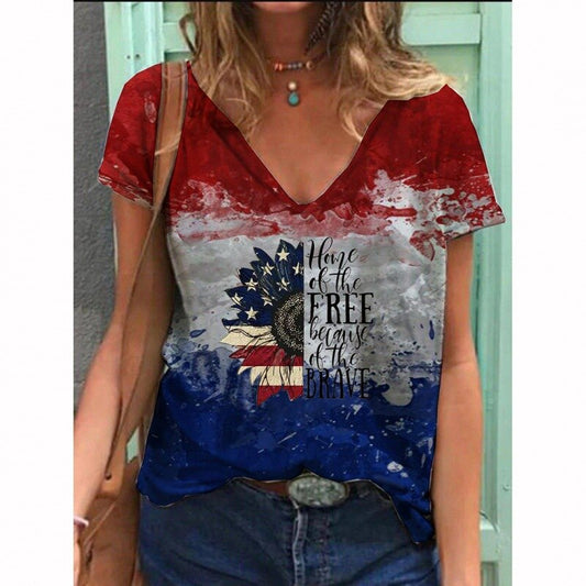 Summer New Women&#39;s T-Shirt American Flag 3D Printing Women&#39;s Short Sleeve Breathable V-Neck Street Fashion Casual Shirt XS-6XL