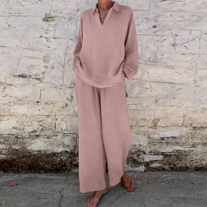 lovevop-Harajuku Vintage Solid Cotton Linen Women Sets Simple Casual V-neck Top Pullover & Wide Leg Pants Outfits Spring Fall Loose Suit