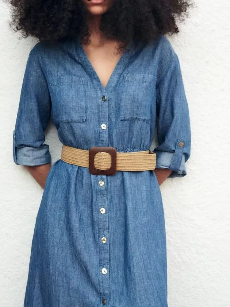 Lovevop- New Women's Casual Chic Front Patch Pockets Front Button Closure Contrasting Belt Linen Blend Shirt Dress