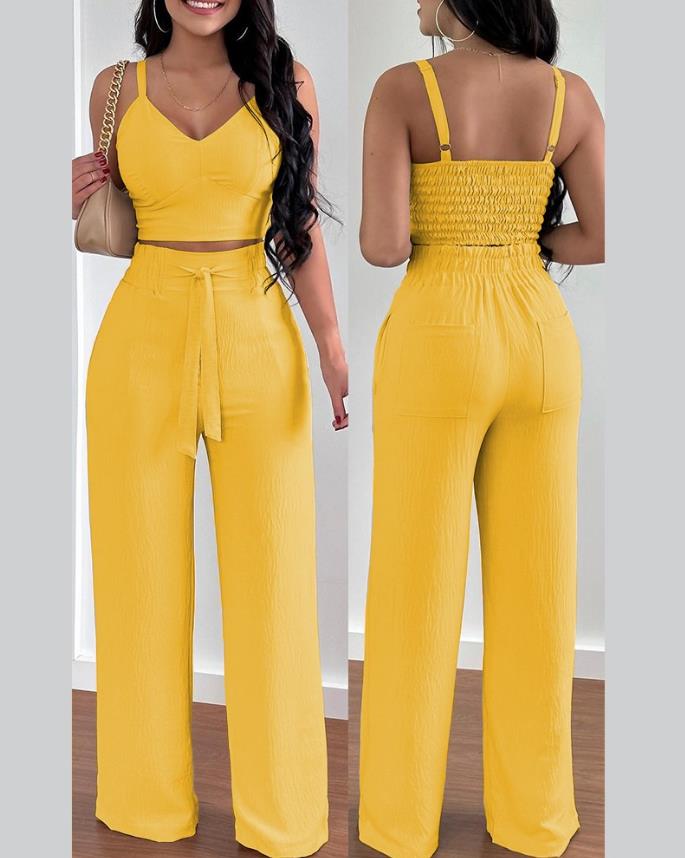 lovevop Two Piece Sets Womens Outifits Summer Fashion Shirred Plain V-Neck Sleeveless Crop Top & Casual Pocket Design Wide Leg Pants Set