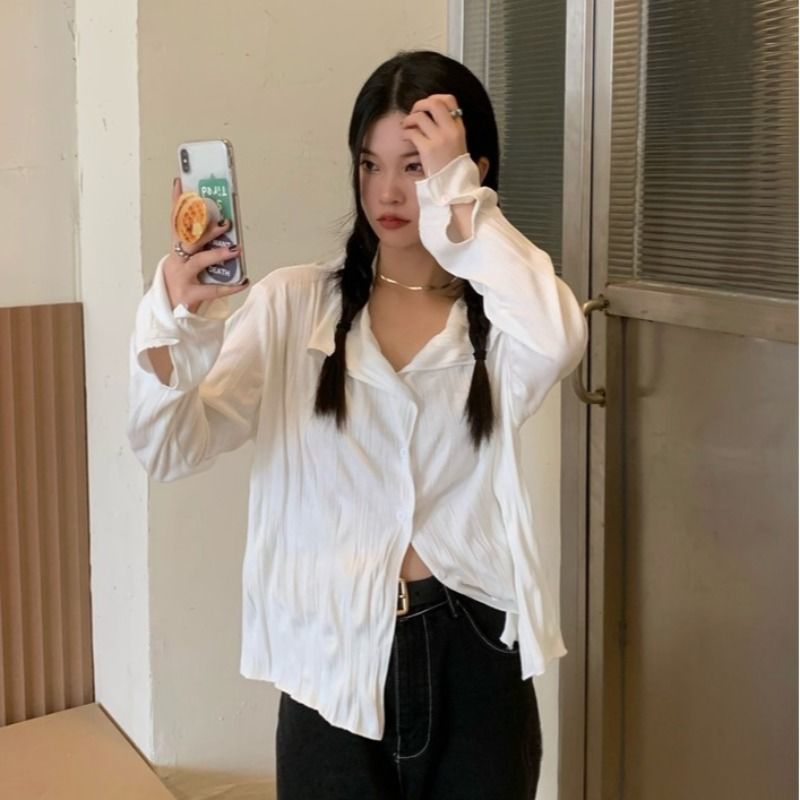 lovevop White Blouses Women Elegant Shirt Female Aesthetic Y2k Harajuku Pleated Chic Long Sleeve Top Ladies Loose Korean Vintage