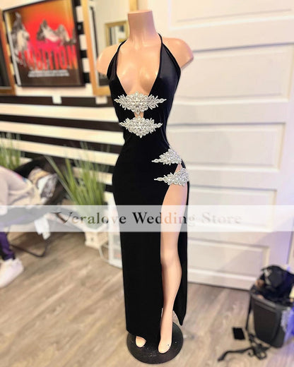 Lovevop Sexy Black Dress for African V Neck Slit Beads Crystal Prom Dresses Mermaid Red Carpet Evening Party Gowns