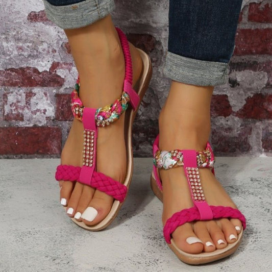 lovevop Summer Flat Sandals for Women  Rhinestone Elastic Back Strap Gladiator Sandals Woman Comfortable Non Slip Beach Shoes