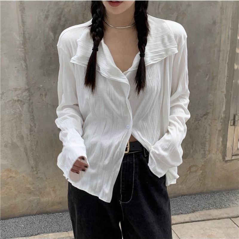 lovevop White Blouses Women Elegant Shirt Female Aesthetic Y2k Harajuku Pleated Chic Long Sleeve Top Ladies Loose Korean Vintage