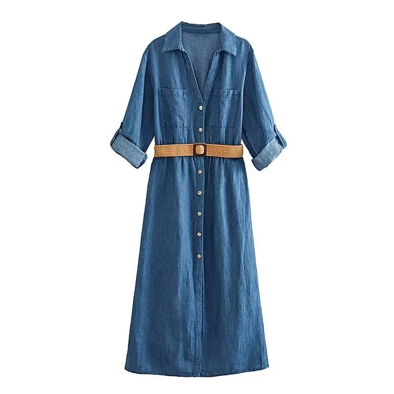 Lovevop- New Women's Casual Chic Front Patch Pockets Front Button Closure Contrasting Belt Linen Blend Shirt Dress