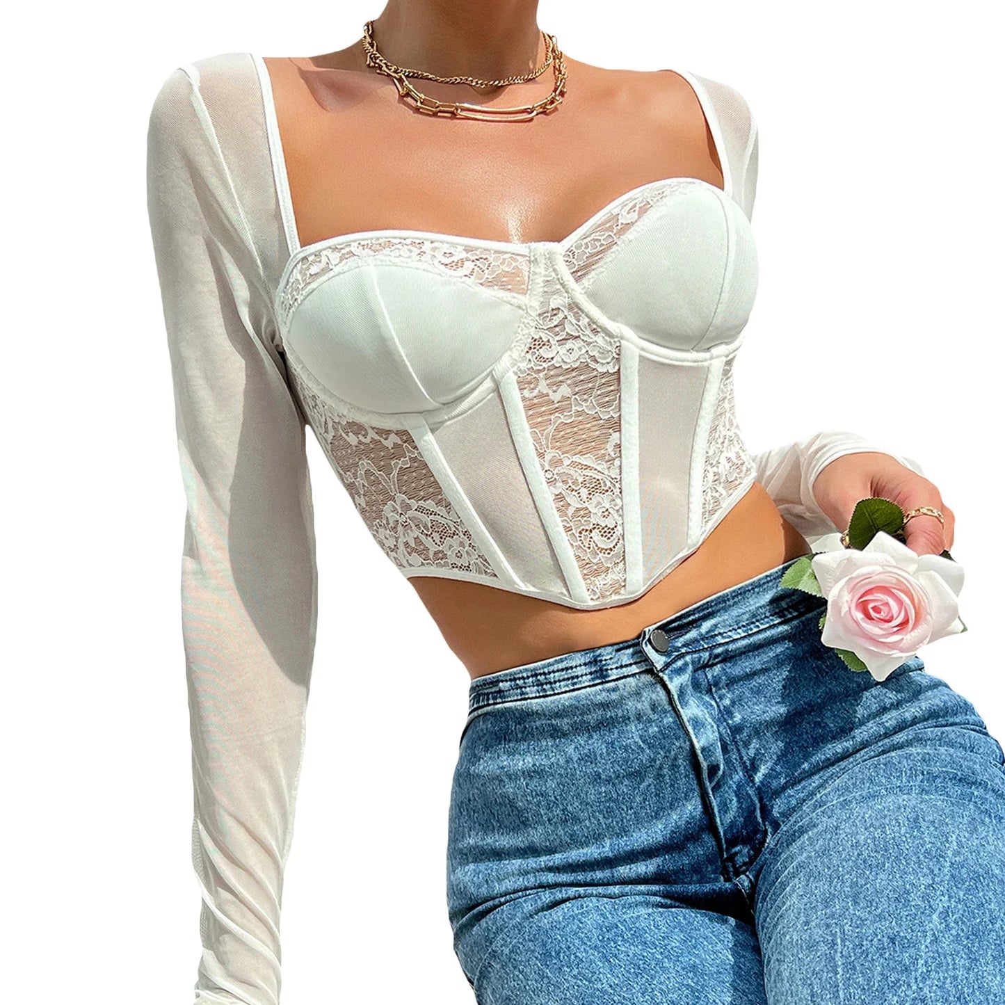 lovevop-Women Y2k Lace Patchwork Corset Crop Tops Sexy V Neck Long Sleeve T-shirt See Through Open Back Bustier Shirt Streetwear